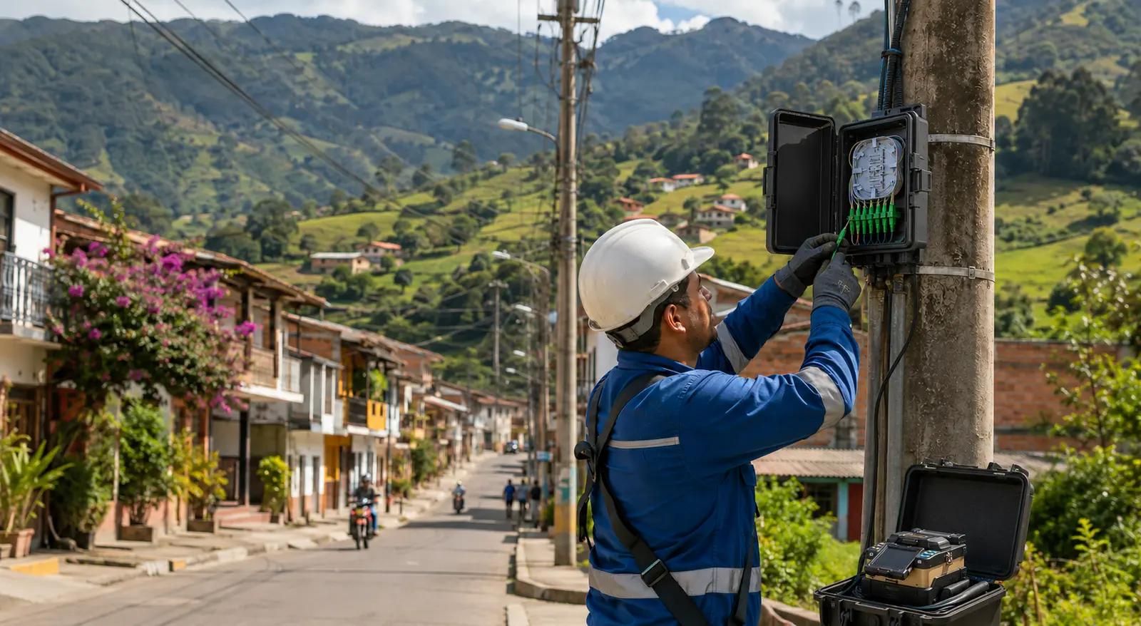 Técnico conectando una NAP de fibra óptica FTTH en el casco urbano de un municipio antioqueño